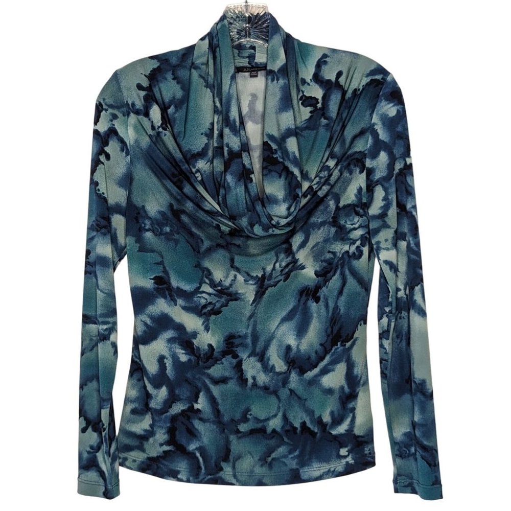 AK Anne Klein long sleeve turquoise blue cowl neck abstract women top size PM